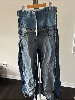 Two Twin Style High-Waist Two-Tone Wide Leg Jeans